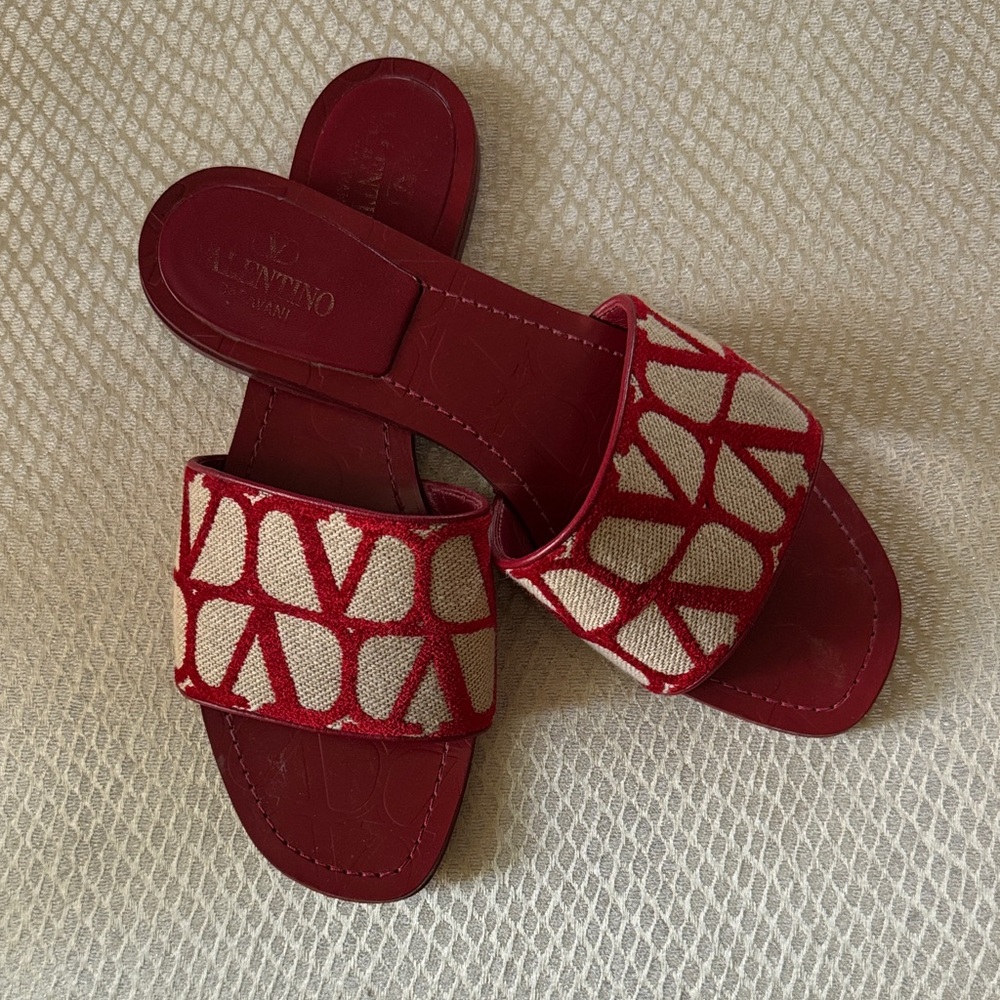 Valentino Red and Cream Slide Sandals